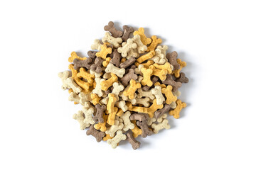 Heap of dog's food isolated on white background top view.