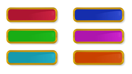 Vector set of rectangular buttons with rounded edges of different colors with a gold frame with shadows and highlights.