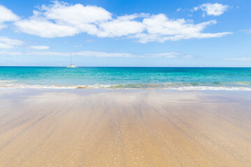 Panorama of beautiful beach and tropical sea of Lanzarote. Canaries