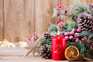 Christmas greeting card. Festive decoration on wooden background. New Year concept. Copy space.  Flat lay. Top view.