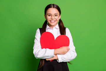 Photo of lovely cute small schoolkid lady in front of blackboard hold embrace paper red heart...