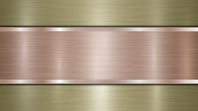 Background consisting of a golden shiny metallic surface and one horizontal polished bronze plate located centrally, with a metal texture, glares and burnished edges
