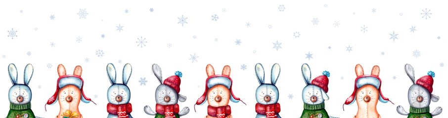 watercolor illustration of Happy Christmas and Happy New year. seamless banner with Christmas characters of cute bunnies. a set of cute toy rabbits for posters, invitations and greeting cards