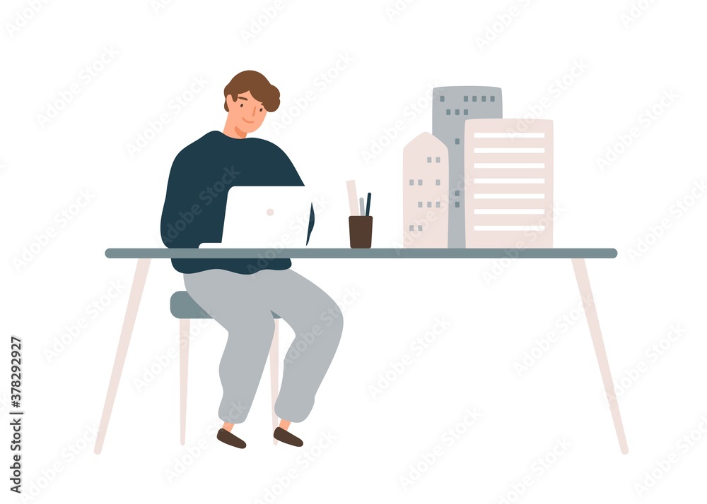 Poster Male architect designer work on laptop with mini building models on table vector flat illustration. Man develop architectural design use digital technology isolated. Engineer create house project