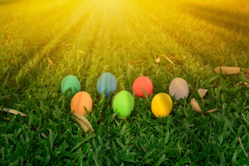 Fototapeta premium Closeup of Variety of colorful Easter eggs on grass at Thailand.
