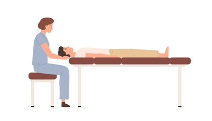 Female massagist or osteopath massaging neck area to male client vector flat illustration. Woman doctor or physiotherapist sitting on chair making massage to lying on couch man isolated on white