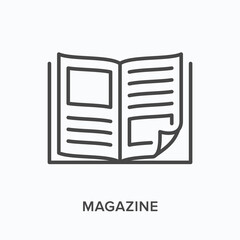 Magazine flat line icon. Vector outline illustration of news brochure, catalog page. Latest press thin linear pictogram - obrazy, fototapety, plakaty