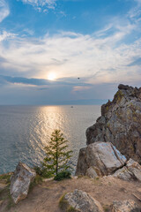 Fototapeta na wymiar A sacred cape Burkhan at sunset. Olkhon Island, Baikal lake.