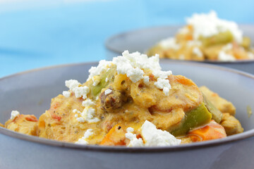 Chicken asparagus mushroom goat cheese and creamy curry sauce