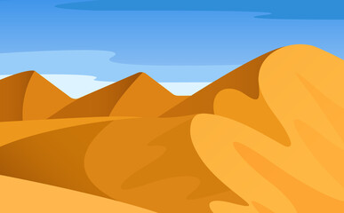 Plakat Vector cartoon landscape, view of desert with mountains, hills, sand.