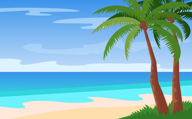 Fototapeta na wymiar Cartoon landscape of empty island, beautiful beach overlooking the sea, palms, scorching sun. Bright landscape summer background beautiful nature.