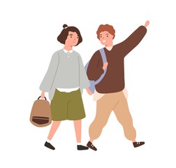 Cute classmates hurry to primary school together vector flat illustration. Smiling pupils or students carry backpack or schoolbag going to lesson isolated. Boy and girl friends walking and talking