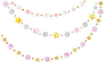 Pink gold glitter star bunting on white background - isolated