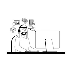 Arabian Man Work as Call Center or Customer Service Flat Outline Illustration