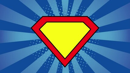 4k animation of Superhero logo template at bright blue. Pop art Motion graphic background.