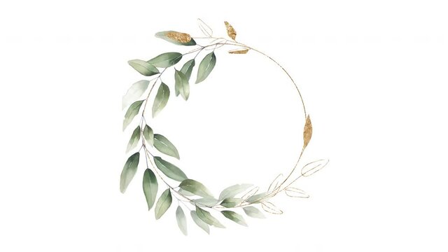 wreath of foliage eucalyptus herbal watercolor frame with gold line art white matte alpha channel