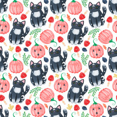 Magic and celestial inspired Seamless Pattern with magical elements like cat, pumpkin, mushroom. Witchcraft themed symbols and elements. Halloween pattern