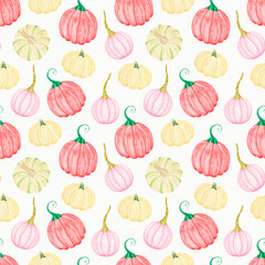 Pumpkin Seamless watercolor pattern of different shapes of pastel colors. Perfect for thanksgiving cards or wrapping paper, halloween design. Background with old paper texture. 