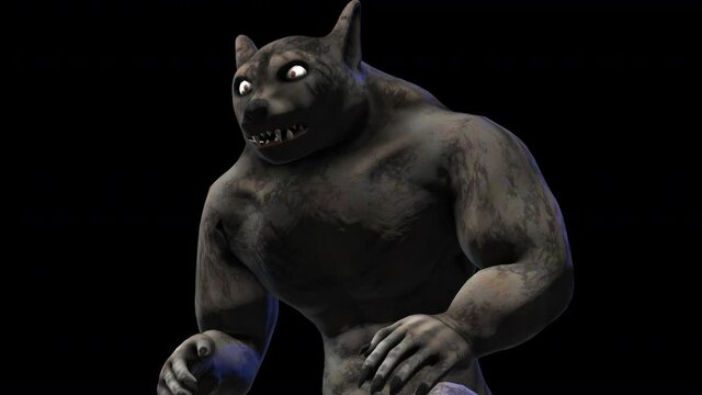 Seamless animation of a close up of a werewolf idle standing isolated with alpha channel. Funny cartoon character for Halloween background.