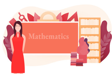 Woman teacher explaining math lesson in school, colleage or university, algebra and geometry e-learning course, webinar on website, horisontal vector illustration