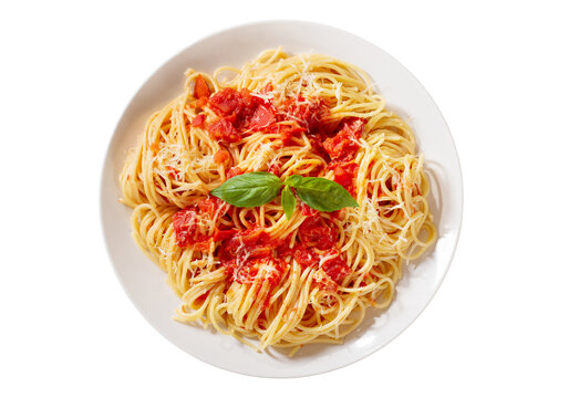 Plate Of Pasta With Tomato Sauce Isolated On White Background