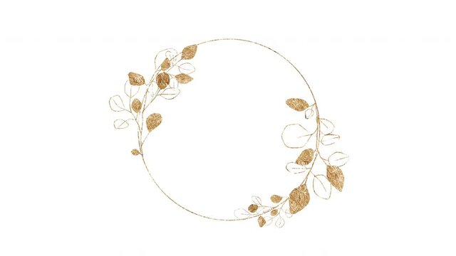gold foil wreath of golden foliage eucalyptus branches herbal watercolor frame white matte alpha channel