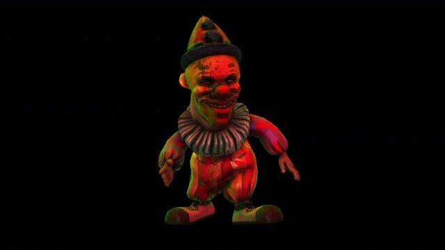 Seamless animation of a horror clown running with knives with alpha channel. Scary background circus themed visual for Halloween.