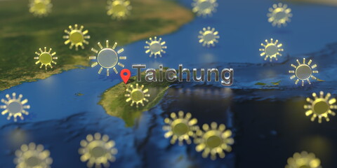 Taichung city and sunny weather icon on the map, weather forecast related 3D rendering