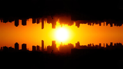 Bangkok City upside down in an orange sky While the sun is setting. High resolution, 
Sunset behind...