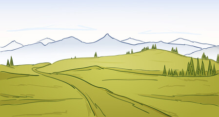 Vector illustration: Hand drawn Mountains landscape with road, pines and hills. Line design © deniskrivoy