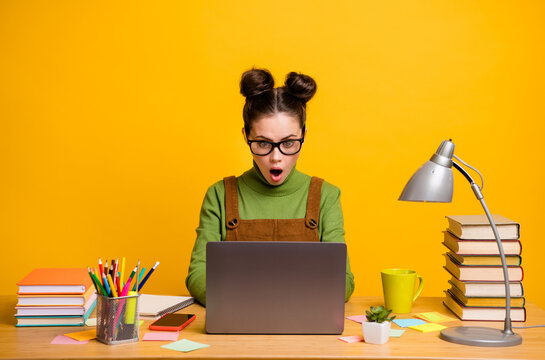 Portrait of her she attractive wondered brainy girl nerd programmer working remotely finance statistics data analysis isolated bright vivid shine vibrant yellow color background - Powered by Adobe