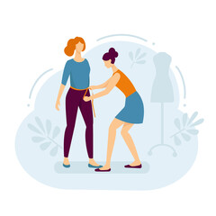 A woman tailor takes measurements for sewing clothes. Sewing workshop. Vector illustration in flat style.
