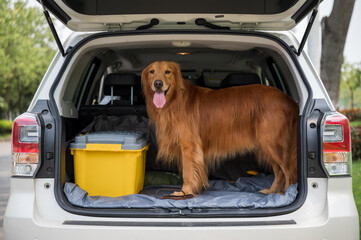 Golden retriever standing in the trunk of the car
