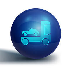 Blue Car transporter truck for transportation of car icon isolated on white background. Blue circle button. Vector Illustration.