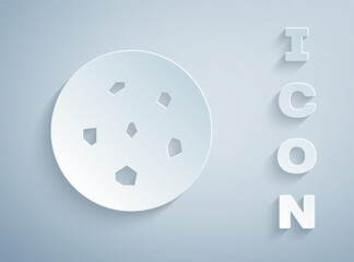 Paper cut Cookie or biscuit with chocolate icon isolated on grey background. Paper art style. Vector Illustration.