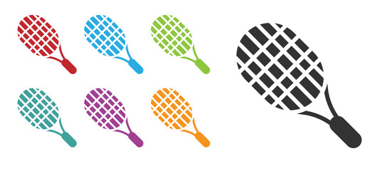 Black Tennis racket icon isolated on white background. Sport equipment. Set icons colorful. Vector Illustration.