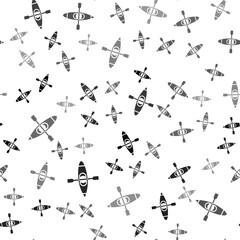 Black Kayak and paddle icon isolated seamless pattern on white background. Kayak and canoe for fishing and tourism. Outdoor activities. Vector Illustration.