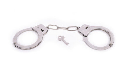 silver handcuffs and a key on a white background