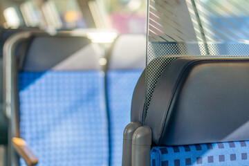 New normal travel journey public transportation train bus flight with space between seat chair and...