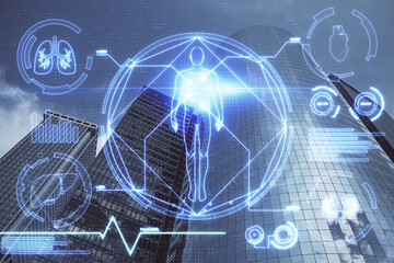 Double exposure of education theme drawing and cityscape background.