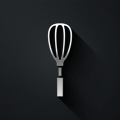 Silver Kitchen whisk icon isolated on black background. Cooking utensil, egg beater. Cutlery sign. Food mix symbol. Long shadow style. Vector Illustration.