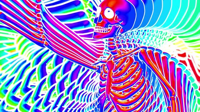 Seamless animation sexy dancing skeletons rainbow feedback style cartoon. Funny halloween background with marker stroke effect with echo effect.