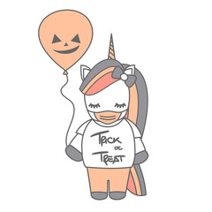 cute cartoon halloween vector illustration with baby unicorn with face mask and pumpkin balloon 