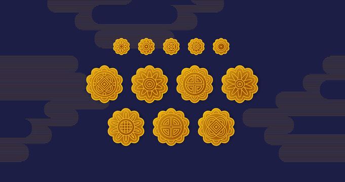 Vector set with moon cakes. Icons, symbols, logo design elements, illustration of stylized cute mooncakes, Chinese ornaments. Be used as symbol for Mid Autumn Festival greetings. 