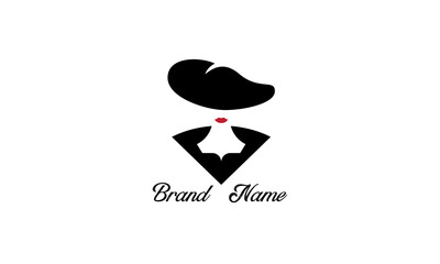 A minimalist logo of a woman with a black hat.