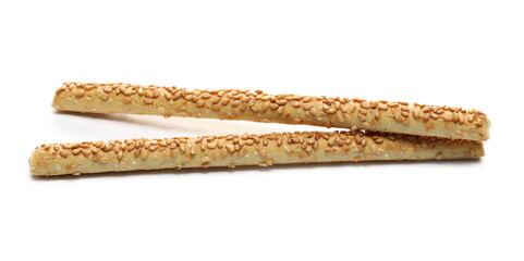 Pretzel bread sticks with sesame seeds, snacks isolated on white background