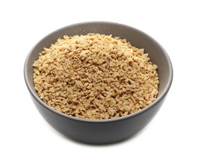 Soy flakes in ceramic bowl isolated on white background