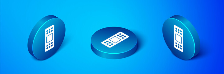 Isometric Bandage plaster icon isolated on blue background. Medical plaster, adhesive bandage, flexible fabric bandage. Blue circle button. Vector.