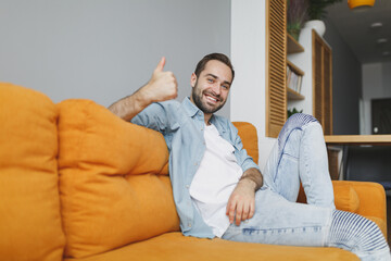 Smiling funny handsome young bearded man 20s wearing casual white t-shirt blue shirt looking camera...