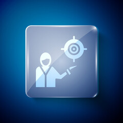 White Marketing target strategy concept icon isolated on blue background. Aim with people sign. Square glass panels. Vector.
